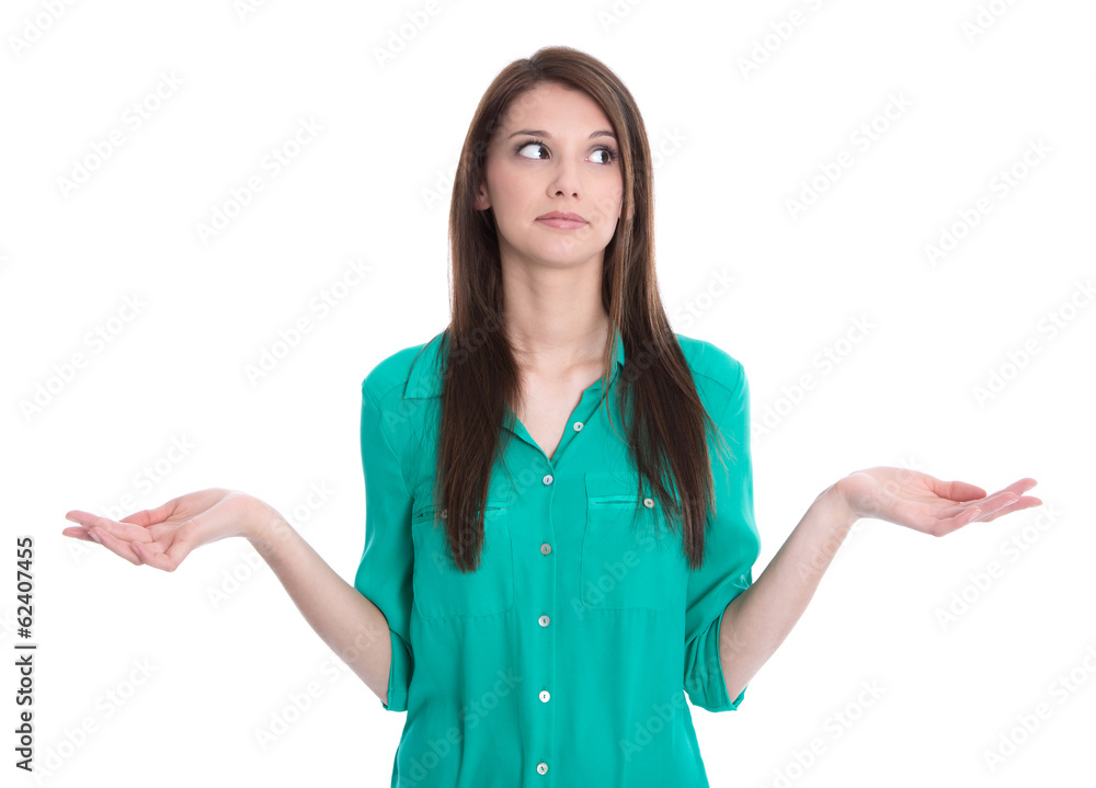 Frau isoliert in grün: Unsicherheit - Ausdruck mit Händen