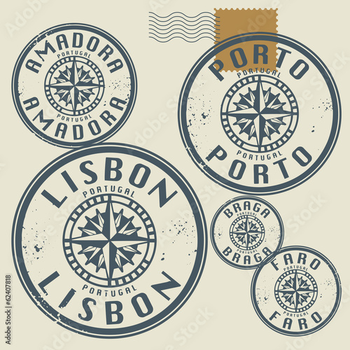 Grunge rubber stamp set with names of Portugal cities