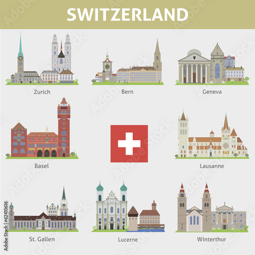 Switzerland. Symbols of cities. Vector set