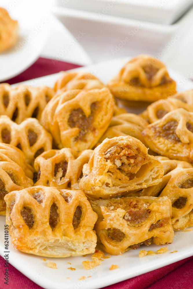 Chorizo Lattice Rolls - Chorizo and red pepper wrapped in pastry Chorizo Lattice Rolls - Chorizo and red pepper wrapped in pastry