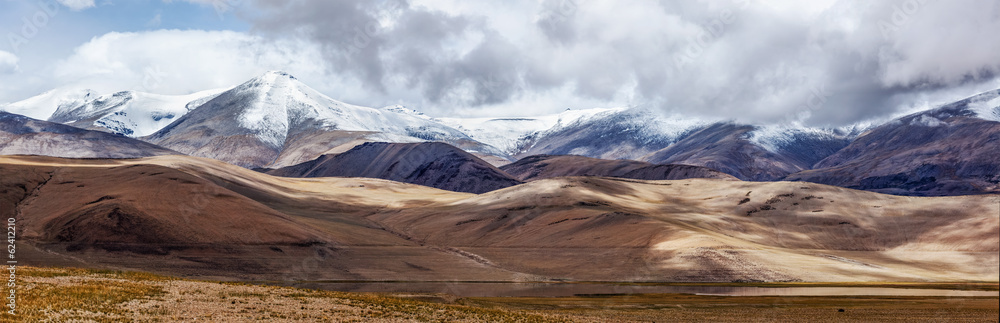 Panorama of Himalayan lake Tso Kar in Himalayas, Ladakh, India