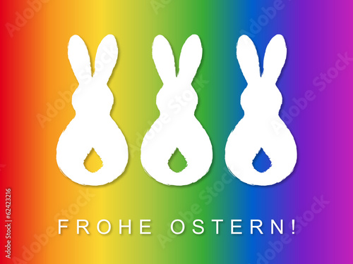 Osterkarte FROHE OSTERN mit 3 Osterhasen vor Regenbogenfarben