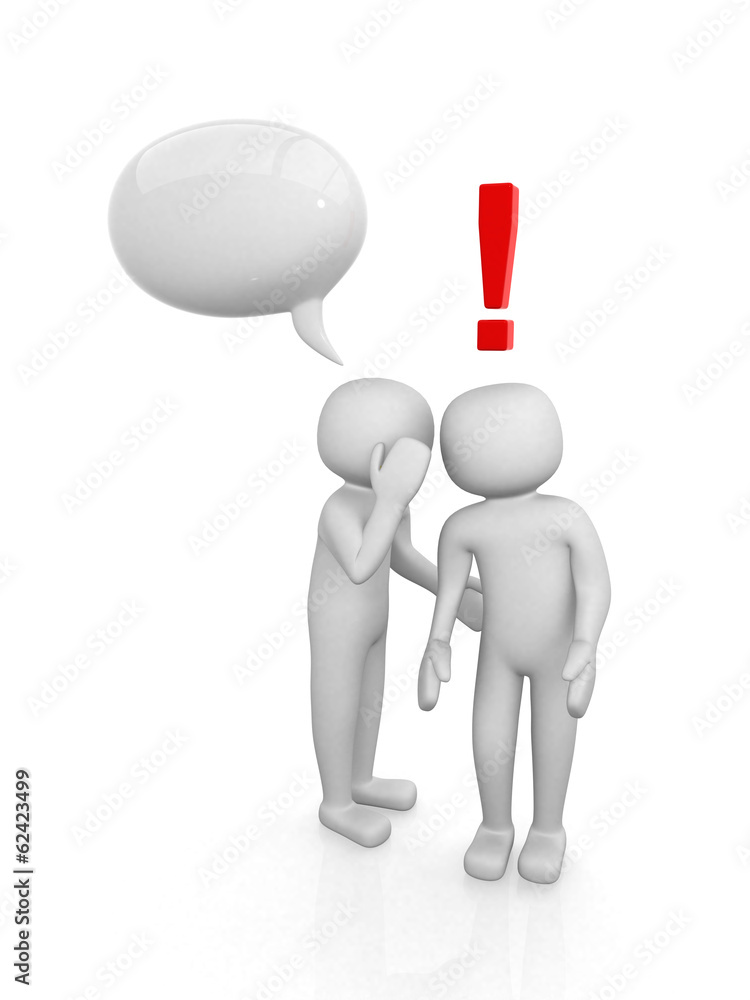 3d people - men, person whispered at ear and exclamation mark 3d people - men, person whispered at ear and exclamation mark