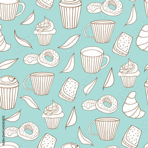 Coffee break background. Vector doodle seamless pattern