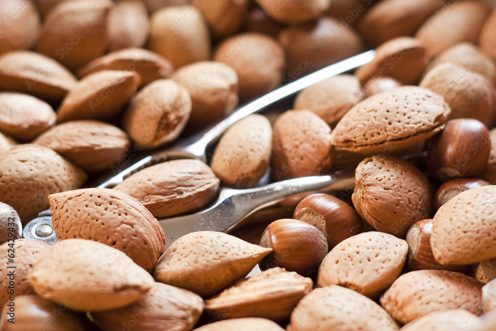 Mixed nuts in a bowl with metal nutcrackers Mixed nuts in a bowl with metal nutcrackers
