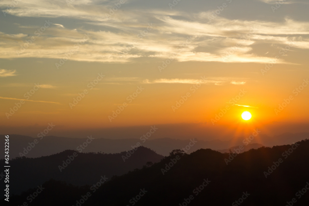 Sunrise and Silhouette Mountain at Thong Pha phum National Park