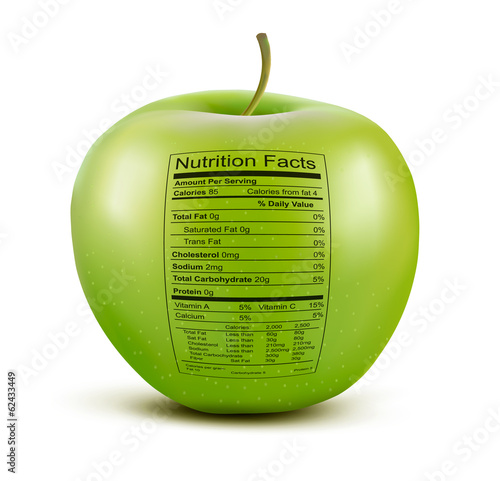 Apple with nutrition facts label. Concept of healthy food. Vecto