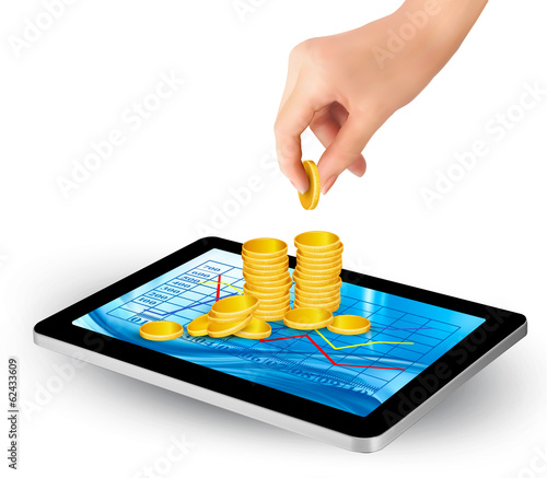 Pile of coins on a tablet. Internet job concept. Vector.
