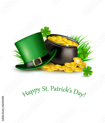Saint Patrick's Day background with a green hat and gold coins i