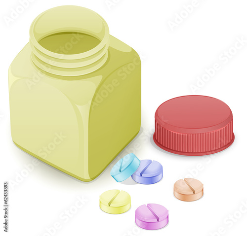 A medical bottle with tablets