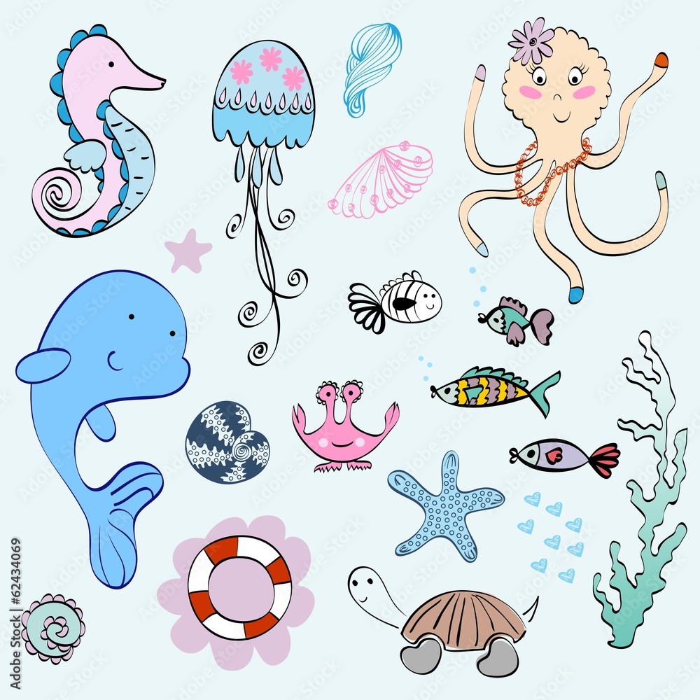 Obraz premium Vector set of marine animals and shells.
