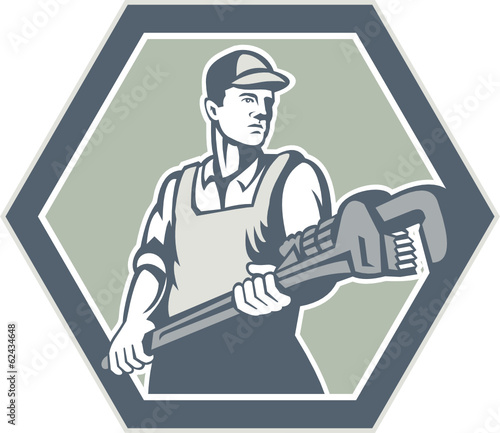 Plumber Holding Plumbing Wrench Retro