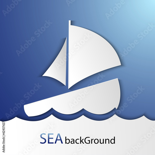 Vector sea background with a paper ship and waves
