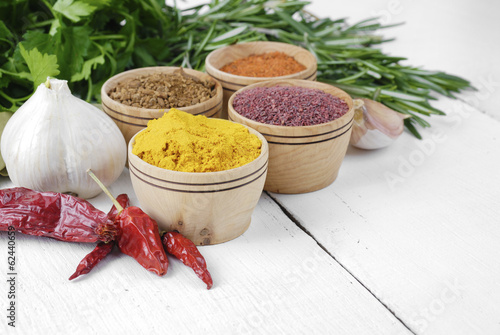 Different kinds of seasonings and herbs