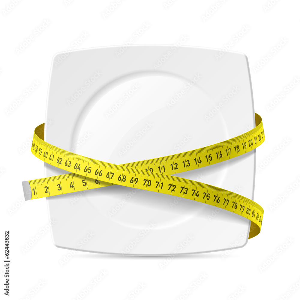 Plate with measuring tape - diet theme - obrazy, fototapety, plakaty 