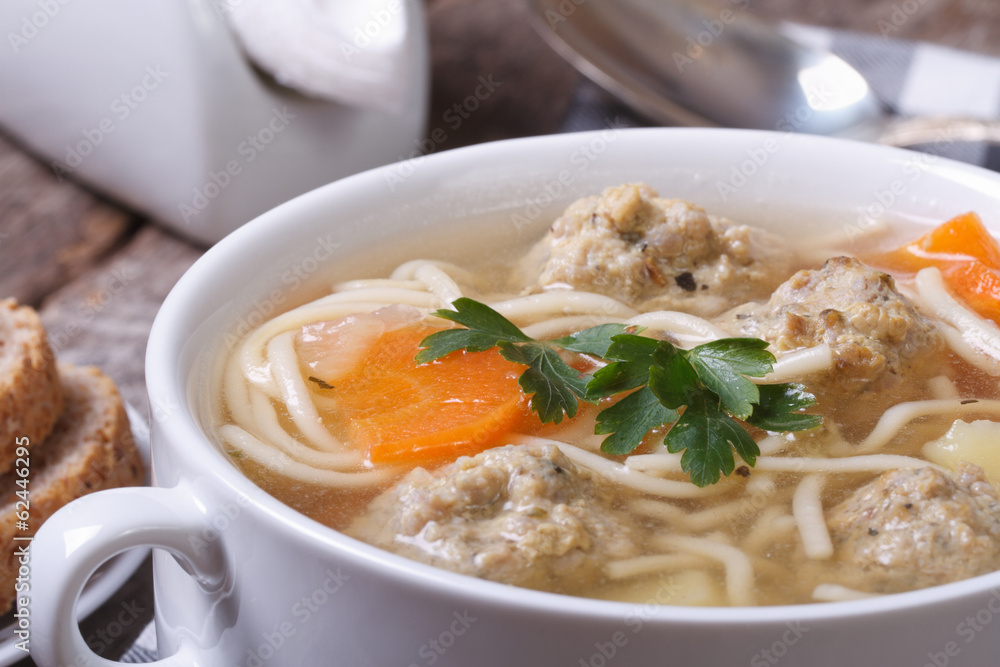 Soup with noodles and meatballs closeup Soup with noodles and meatballs closeup