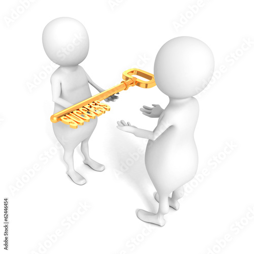 3d man is giving a golden key of success another partner