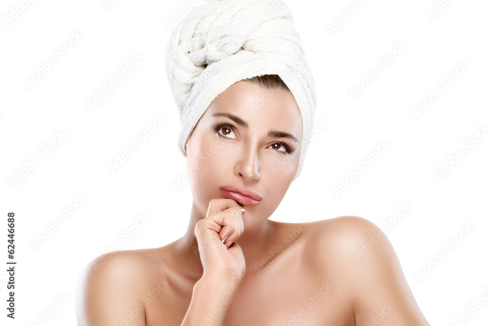 Beautiful Thoughtful Girl with Towel on Head. Idea. Beautiful Thoughtful Girl with Towel on Head. Idea.