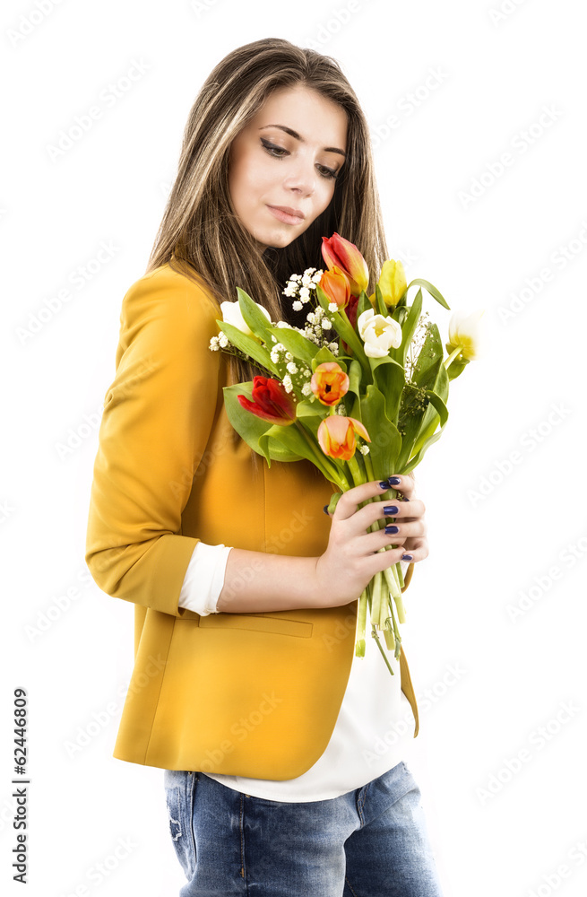 young woman with tulips isolated on a white background
