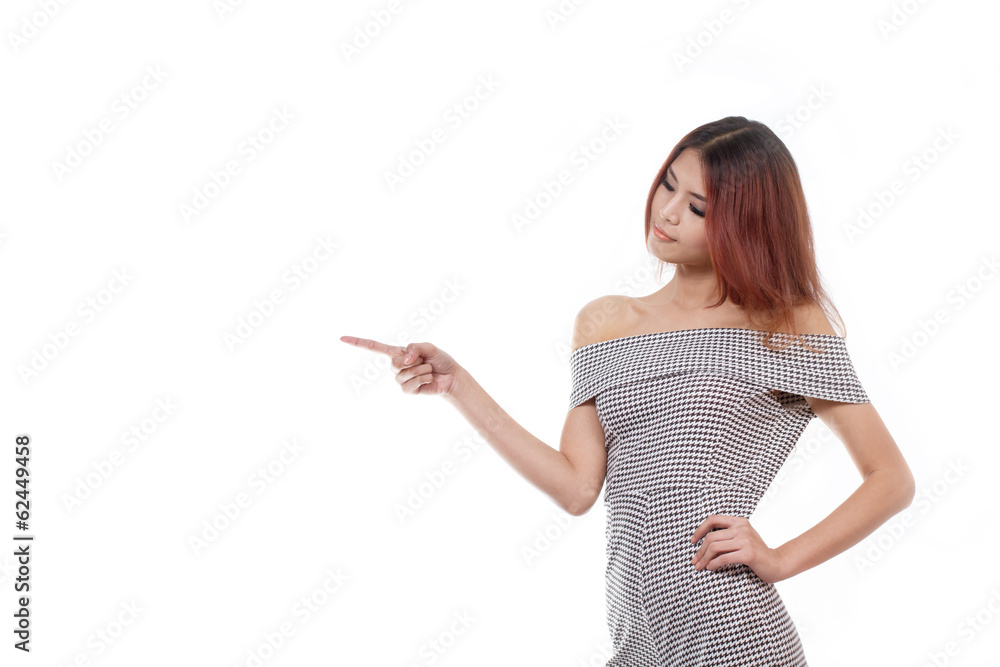 happy woman pointing, choosing on isolated white background happy woman pointing, choosing on isolated white background