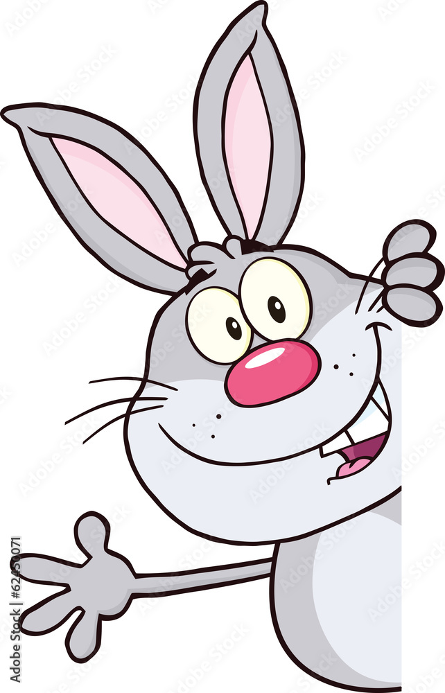 Gray Rabbit Character Looking Around A Blank Sign And Waving Gray Rabbit Character Looking Around A Blank Sign And Waving