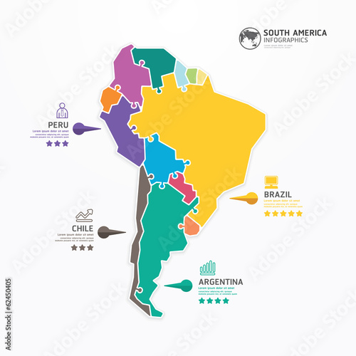 South america Map Infographic Template jigsaw concept banner. ve