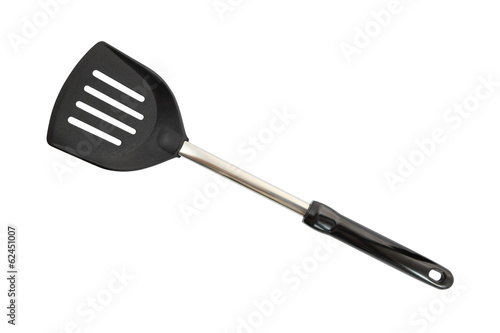 Black plastic spatula front on white background.