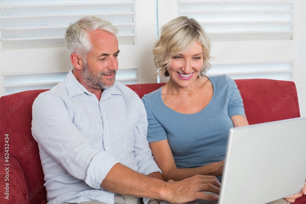 Smiling casual mature woman using laptop Smiling casual mature woman using laptop