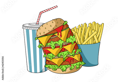 Hamburger with soda and french fries