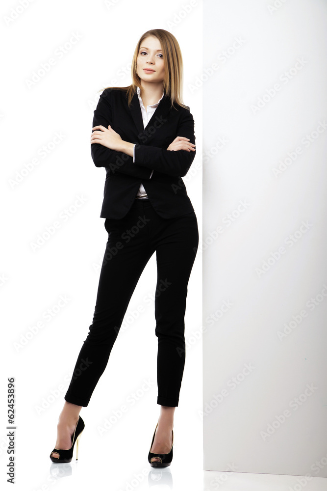 Business woman showing blank signboard isolated Business woman showing blank signboard isolated