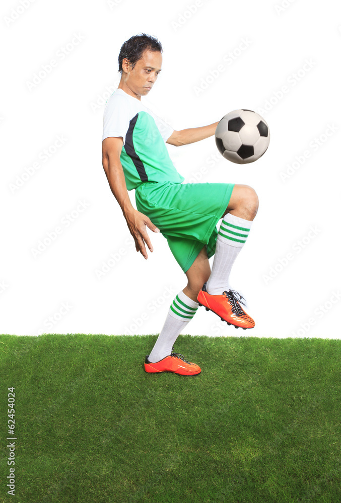 portrait of football ,soccer players playing soccer ball on gree