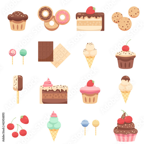 Cake and sweets icons set. Cartoon illustration of 16 cake and sweets icons for design. Cake, candy, cherry, chocolate, cupcake, muffin, cookie, donut, ice cream, lollipop. photo
