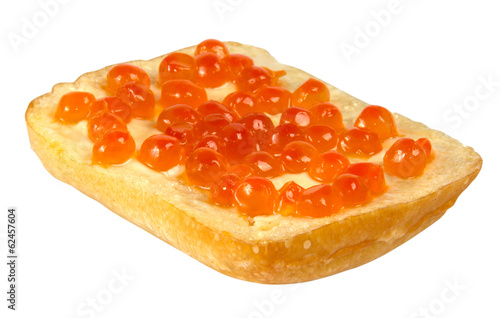 Sandwich with red caviar on white background