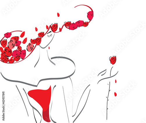 Beautiful Woman Portrait. Vector of a Girl with Rose