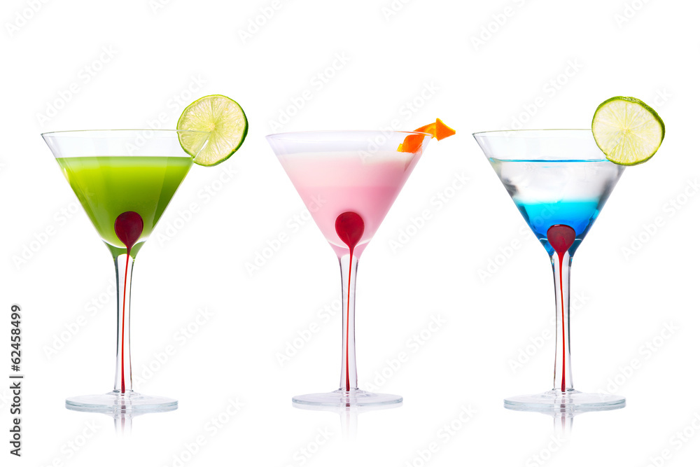 Selection of Martini cocktails over white background