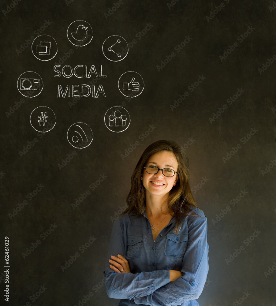 Business woman or teacher with social media icons Business woman or teacher with social media icons