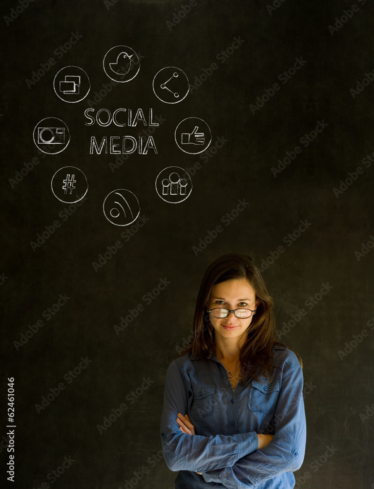 Business woman or teacher with social media icons Business woman or teacher with social media icons