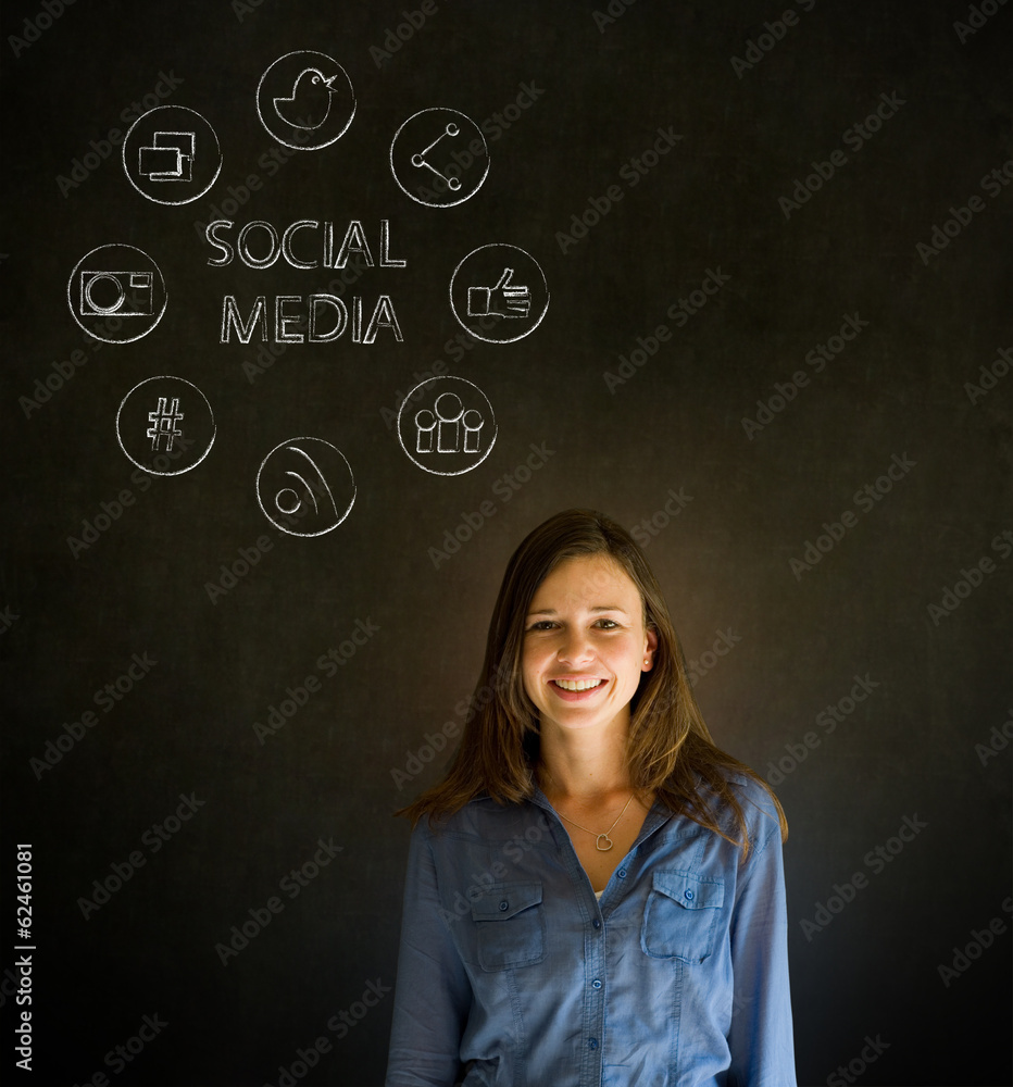 Business woman or teacher with social media icons