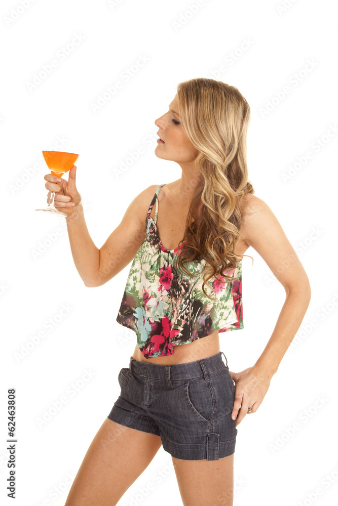 woman flower top wine glass side hold up woman flower top wine glass side hold up