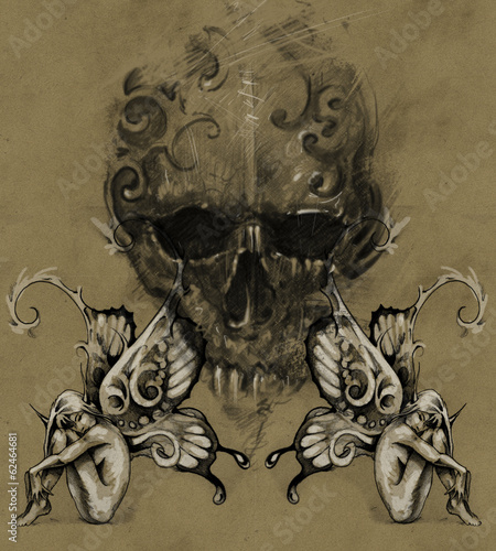 Tattoo skull over vintage paper with fairys, design handmade