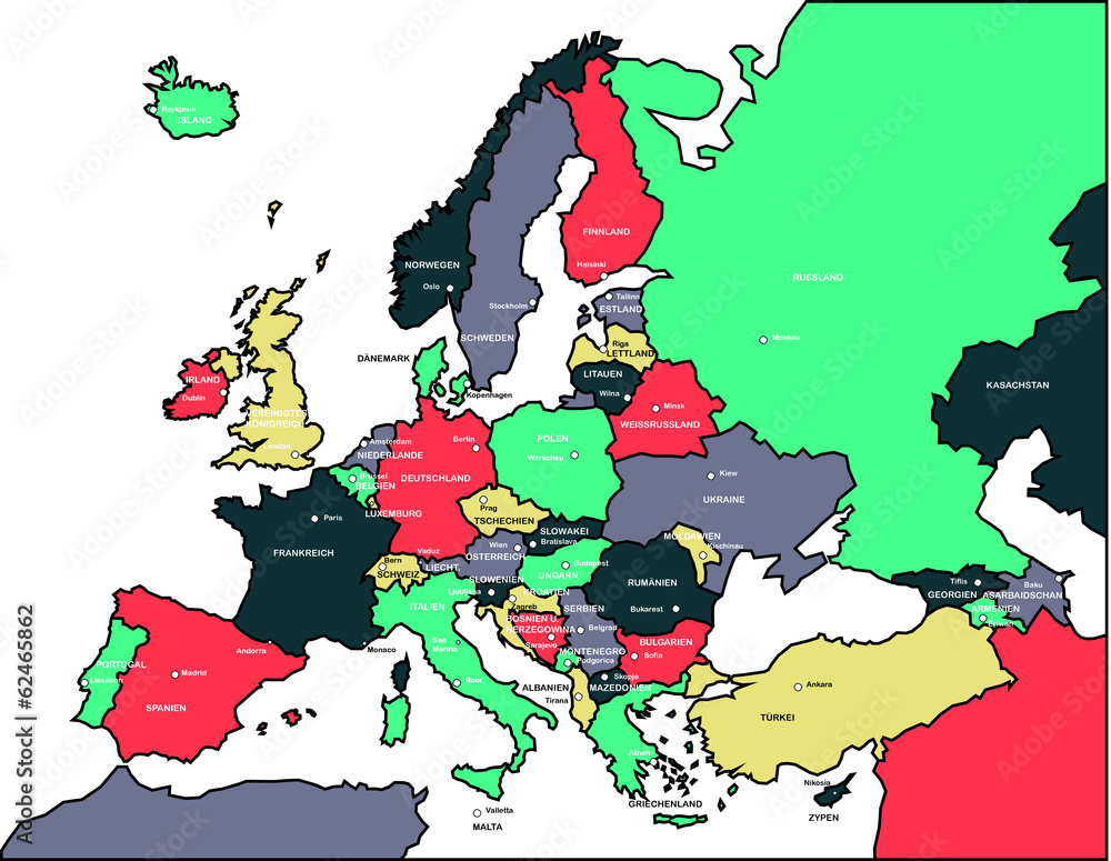  Foto zu Europakarte farbig mit Hauptstädten und Ländernamen, Vector Stock 