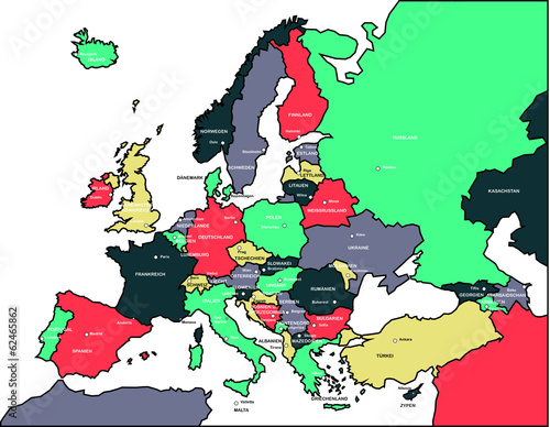 Europakarte farbig mit Hauptstädten und Ländernamen, Vector