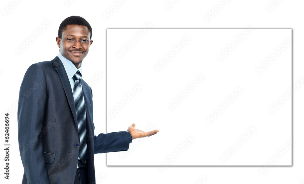 african american business man showing blank signboard african american business man showing blank signboard
