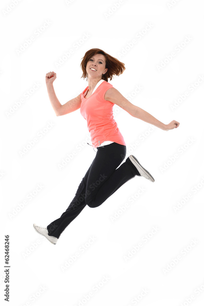 attractive woman jumping in healthy lifestyle concept