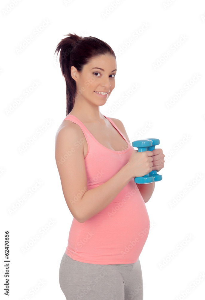 Pregnant woman doing exercise with dumbbells Pregnant woman doing exercise with dumbbells