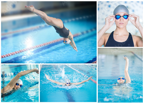 Collage of young sport woman swimming in the indoor pool