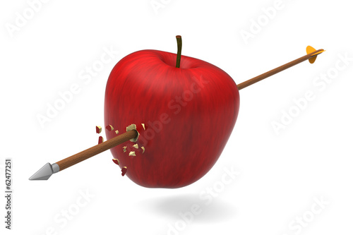 3D model of red apple was hit and perforated by arrow