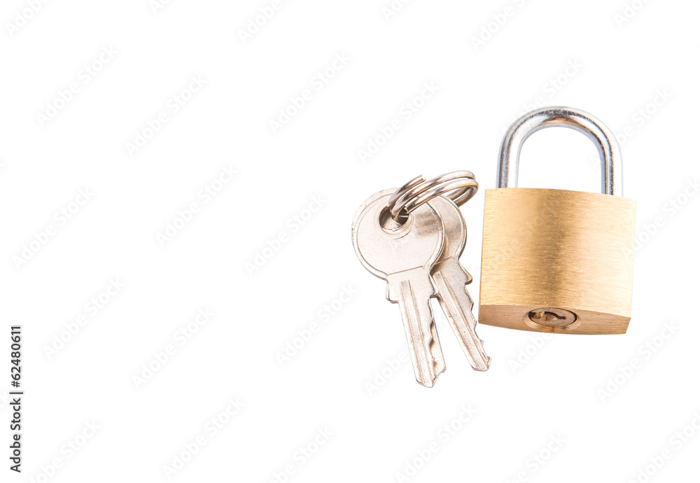 Padlock and keys over white background