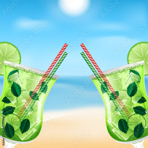 two glasses with cocktails on the background of sea and sky.summ