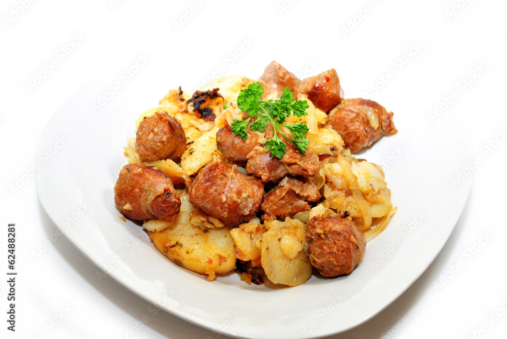 Fried Sausage with Potatoes Served on a Plate